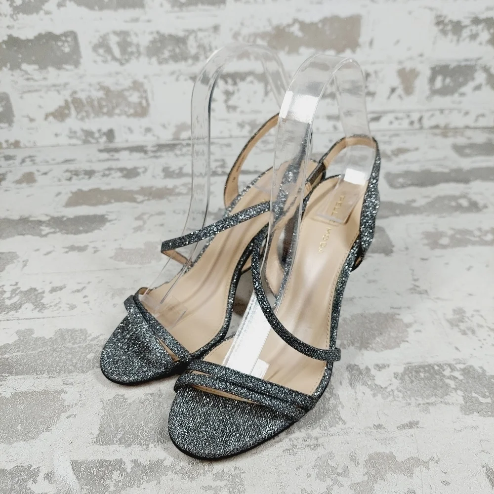 NEW Pelle Moda Rooni Silver Sparkle Mid Heel Slip On Sandals W554 - Picture 2 of 13